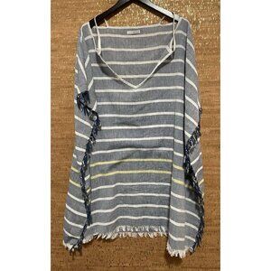 Tassled Beachy Swim Cover Up Blue White Stripe 100% Cotton One Size